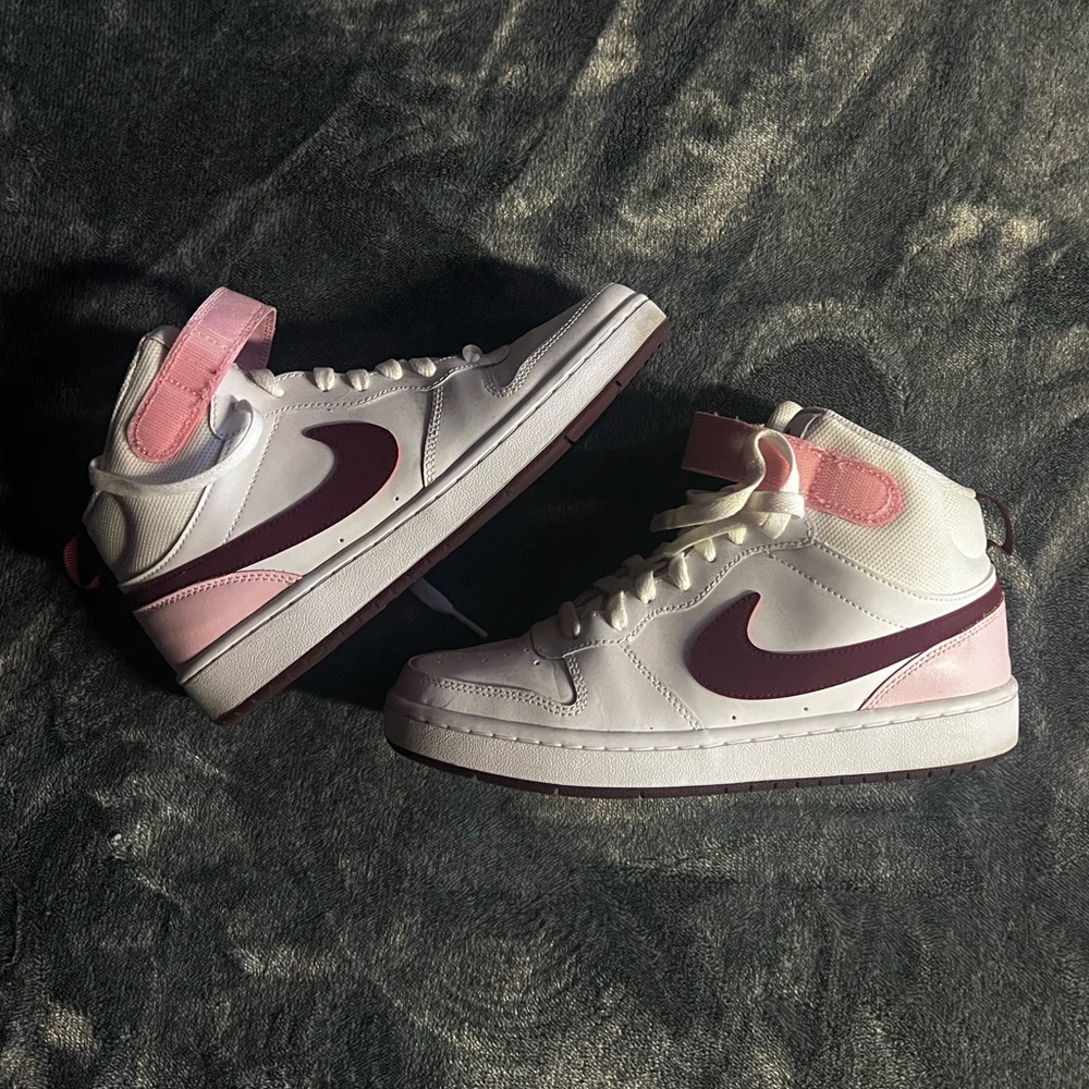 Pink/burgundy/white mid top Nikes
